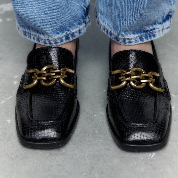 Zara Leather Black and Gold Animal Print Snakeskin Print Loafers - Picture 1 of 13